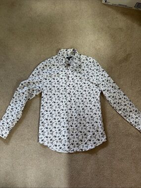 Express Slim White Button-Down Formal Shirt with Gray Floral Print Like New!